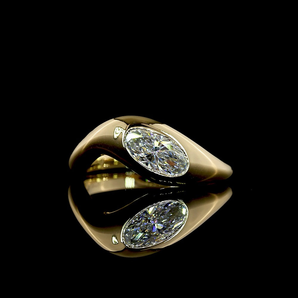 14K Yellow Gold Inclined Moval Cut Solitaire Ring with Flush Set Lab Diamond - 0.57 Carat Total Diamond Weight, E-F Color VS1 Clarity - Covaloro Fine Jewelry