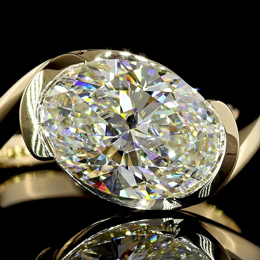 14K Yellow Gold Inclined Oval Solitaire Ring with Half Bezel Set Lab Grown Diamond - 3.56 Carat Total Diamond Weight - Covaloro Fine Jewelry