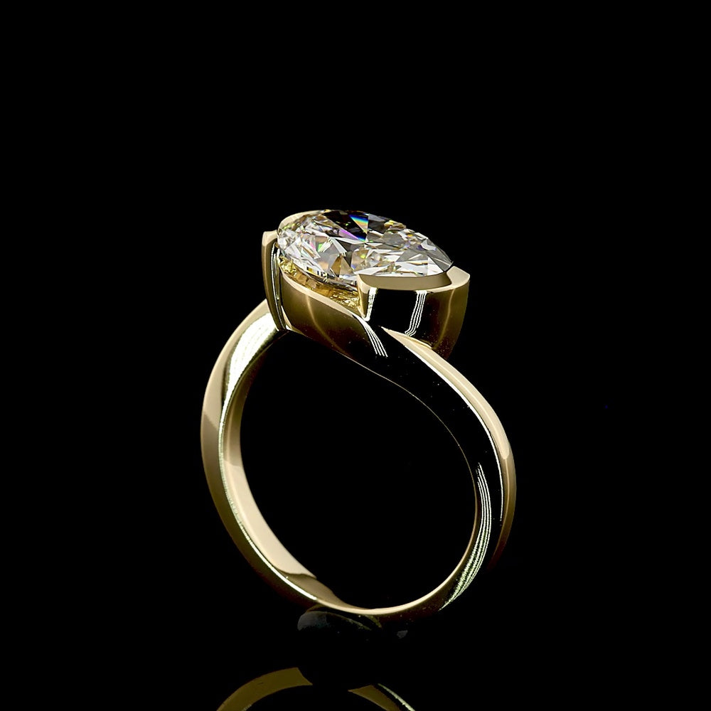 14K Yellow Gold Inclined Oval Solitaire Ring with Half Bezel Set Lab Grown Diamond - 3.56 Carat Total Diamond Weight - Covaloro Fine Jewelry