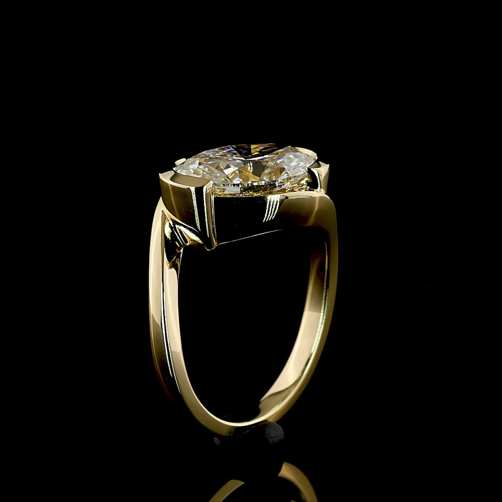 14K Yellow Gold Inclined Oval Solitaire Ring with Half Bezel Set Lab Grown Diamond - 3.56 Carat Total Diamond Weight - Covaloro Fine Jewelry