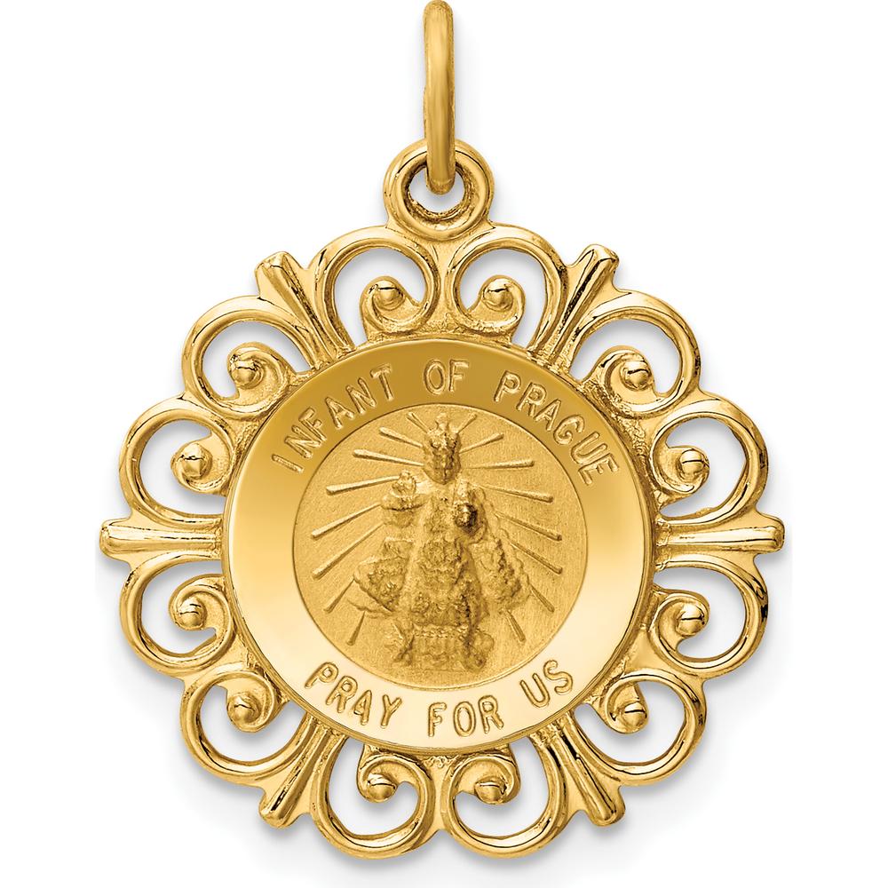 14K Yellow Gold Infant of Prague Solid Die-Struck Medal Pendant with Scalloped Edge by Oro Pregiato