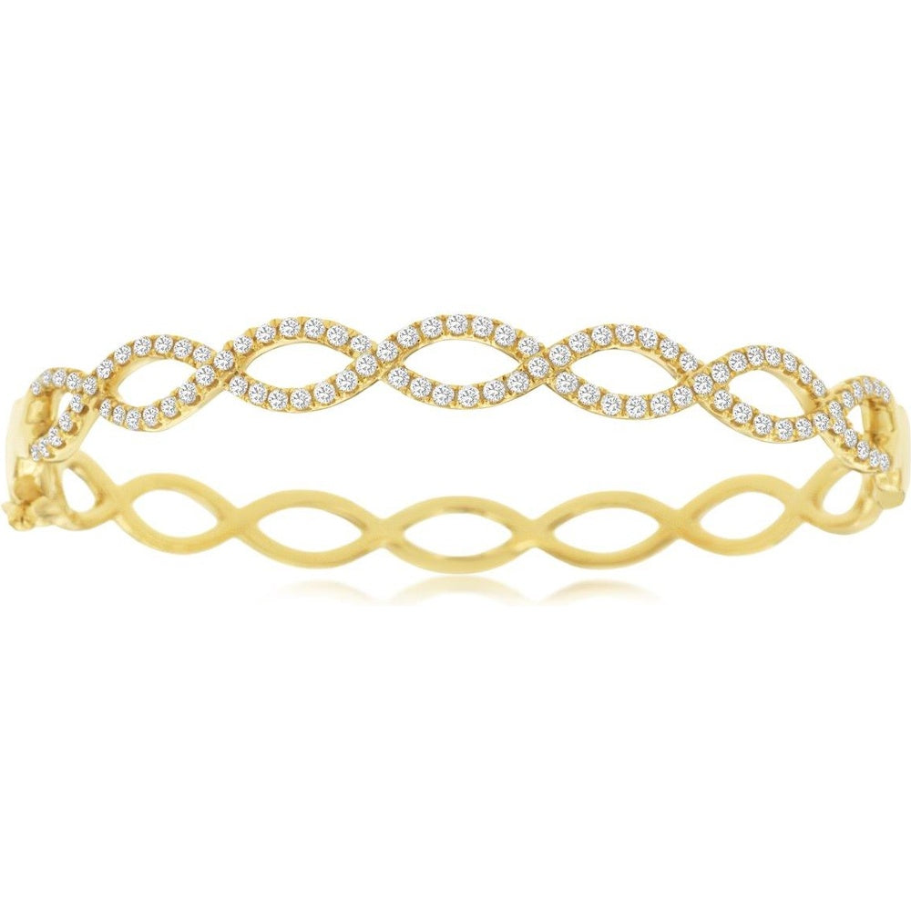 14K Yellow Gold Infinity Motif Hinged Bangle with Prong-Set Round Diamonds - 1.10 Carat Total Diamond Weight - Royal Jewelry