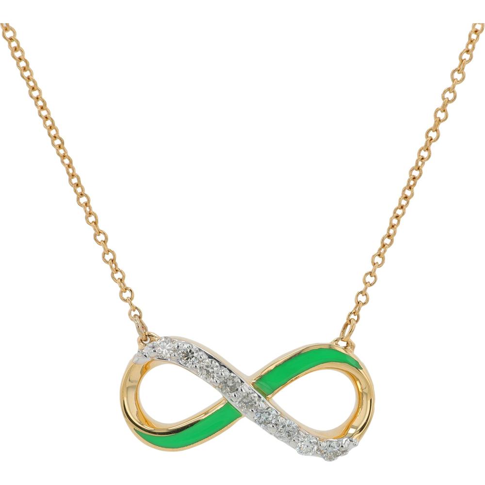 14K Yellow Gold Infinity Necklace with Green Enamel and Pave-Set Diamonds - 0.15 Carats Total Diamond Weight