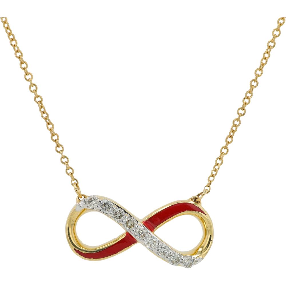 14K Yellow Gold Infinity Necklace with Red Enamel and 0.15 Carats Diamonds