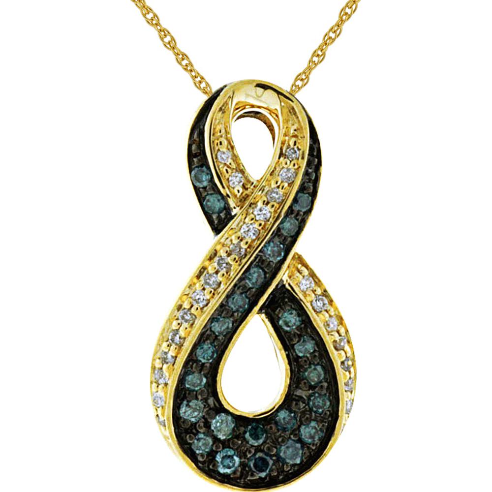 14K Yellow Gold Infinity Pendant with Round White Diamonds and Blue Diamonds - 0.35 Carat Total Diamond Weight - Royal Jewelry