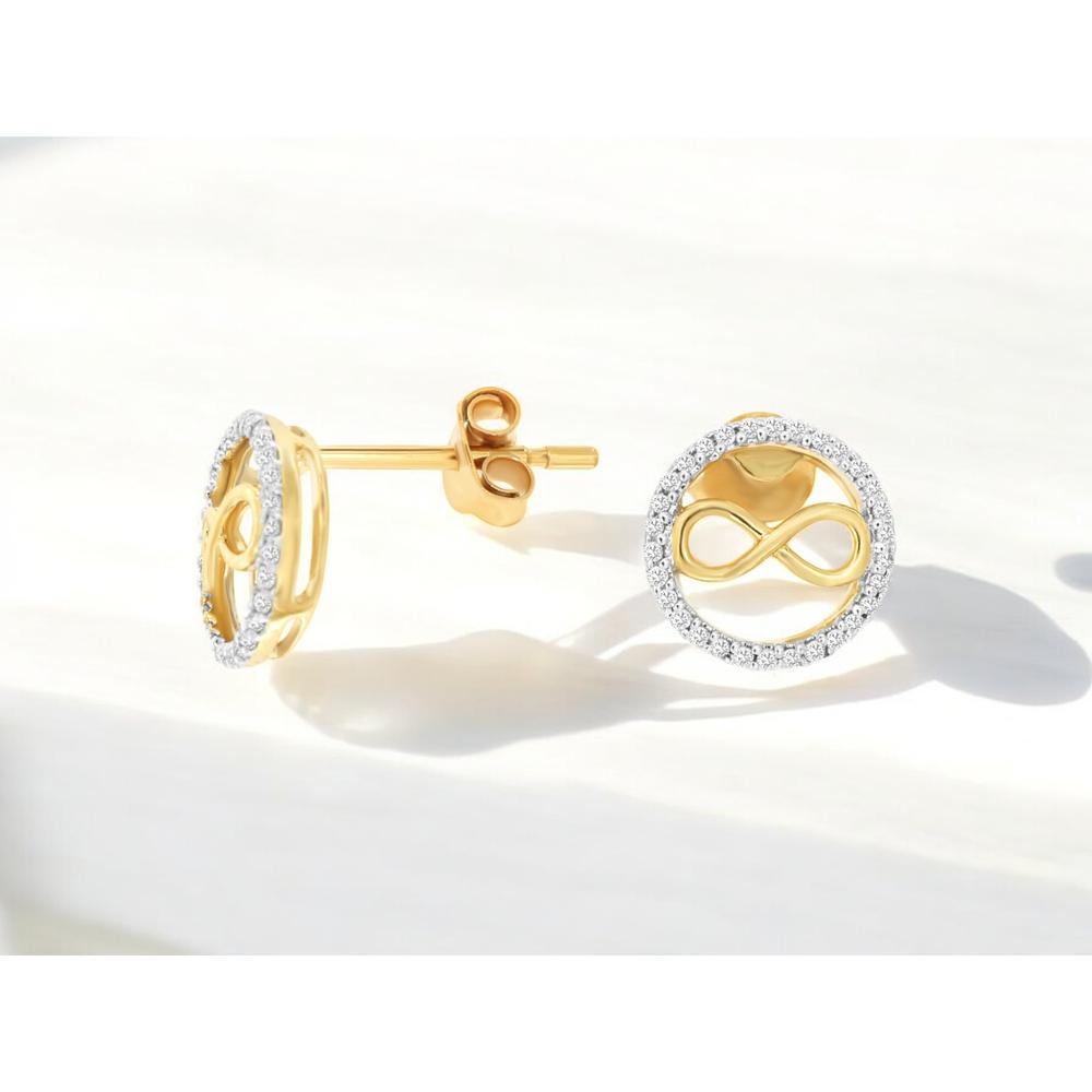 14K Yellow Gold Infinity Stud Earrings with Round Diamonds - 0.12 Carat Total Diamond Weight - Royal Jewelry