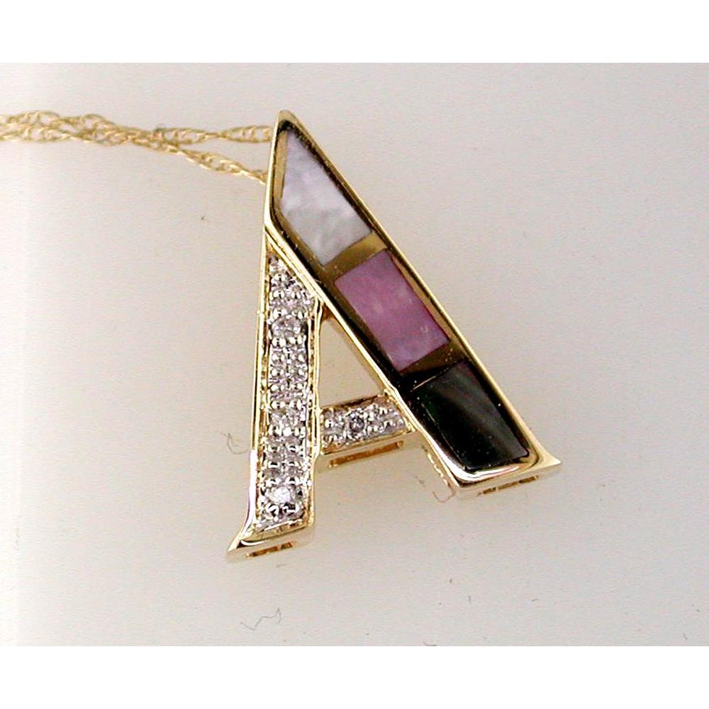 14K Yellow Gold Initial A Pendant with Round Diamond Accents and Multi-Tone Inlay - 0.02 Carat Total Diamond Weight - Royal Jewelry