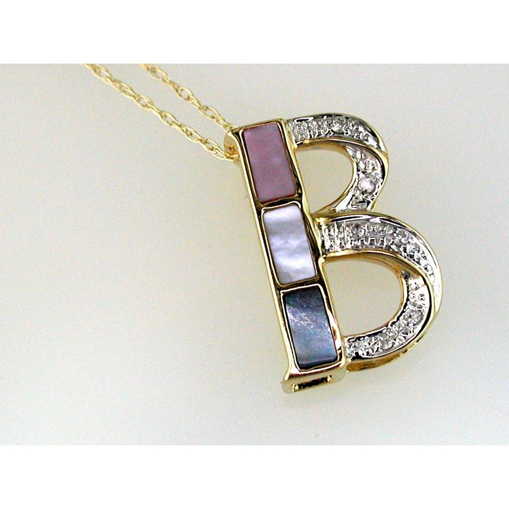 14K Yellow Gold Initial "B" Pendant with Mother of Pearl Inlay and Round Diamond Accents - 0.03 Carat Total Diamond Weight - Royal Jewelry
