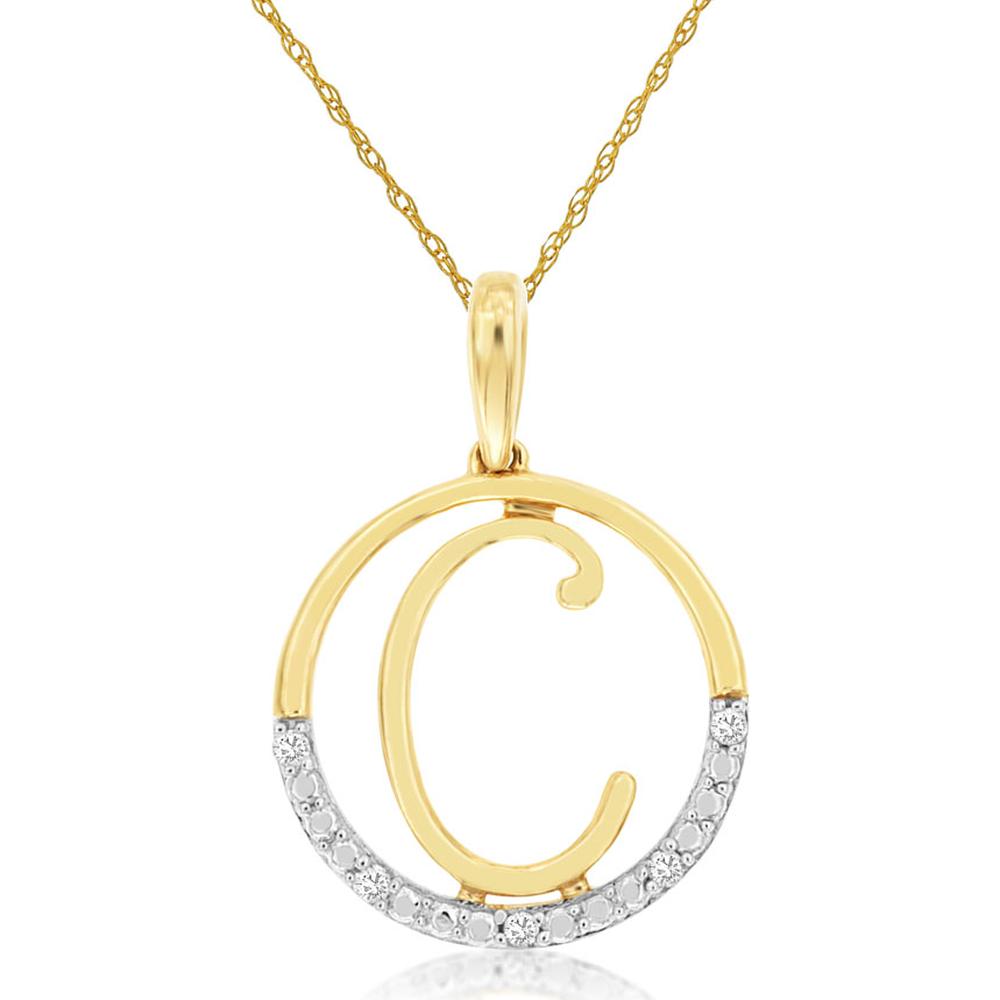 14K Yellow Gold Initial C Pendant with Prong Set Round Diamond - 0.02 Carat Total Diamond Weight - Royal Jewelry