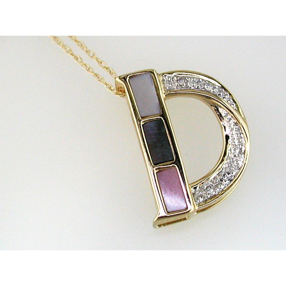 14K Yellow Gold Initial "D" Pendant with Multi-Tone Mother of Pearl Inlay and 0.03 Carat Round Diamond Accent - Royal Jewelry