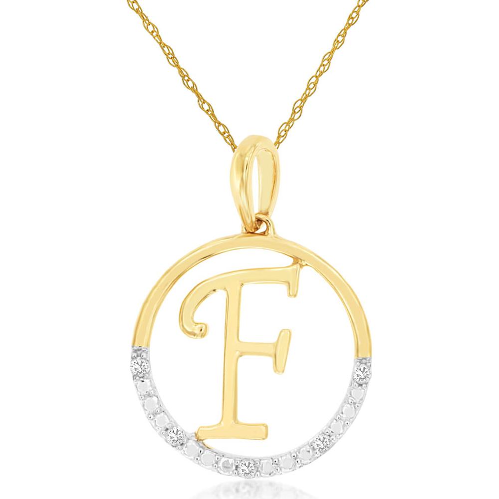 14K Yellow Gold Initial F Pendant Necklace with Round Diamond Accents – 0.02 Carat Total Diamond Weight - Royal Jewelry