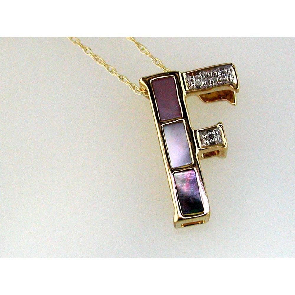 14K Yellow Gold Initial F Pendant with Mother-of-Pearl Inlay and Round Diamond Accents - 0.02 Carat Total Diamond Weight - Royal Jewelry