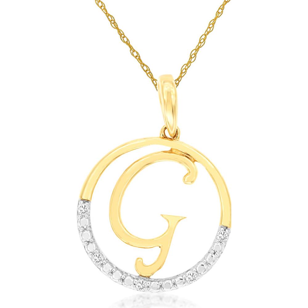 14K Yellow Gold Initial 'G' Pendant Necklace with 0.02 Carat Round Diamond Accent Detail - Royal Jewelry