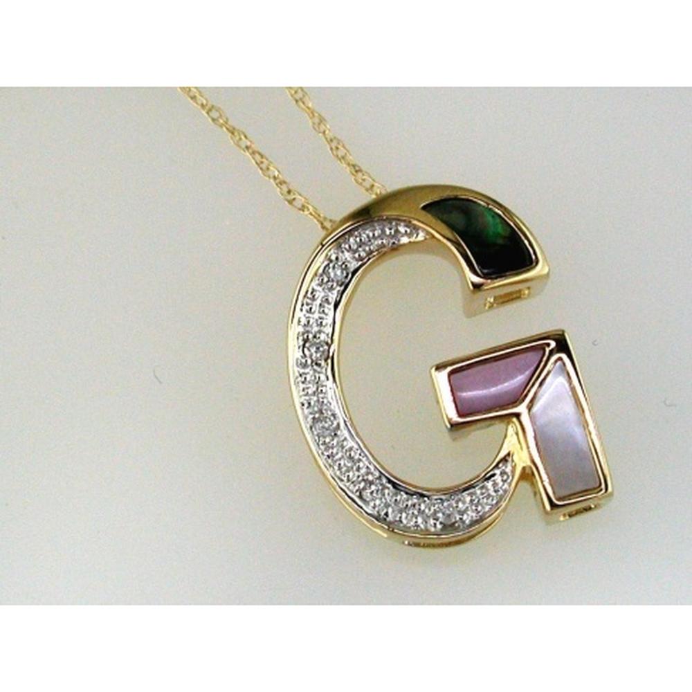 14K Yellow Gold Initial G Pendant with Mother of Pearl Accents and Round Diamonds - 0.03 Carat Total Diamond Weight - Royal Jewelry