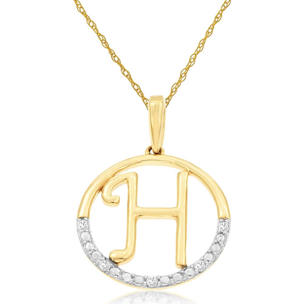 14K Yellow Gold Initial H Pendant with Prong Set Round Diamond Accents - 0.02 Carat Total Diamond Weight - Royal Jewelry