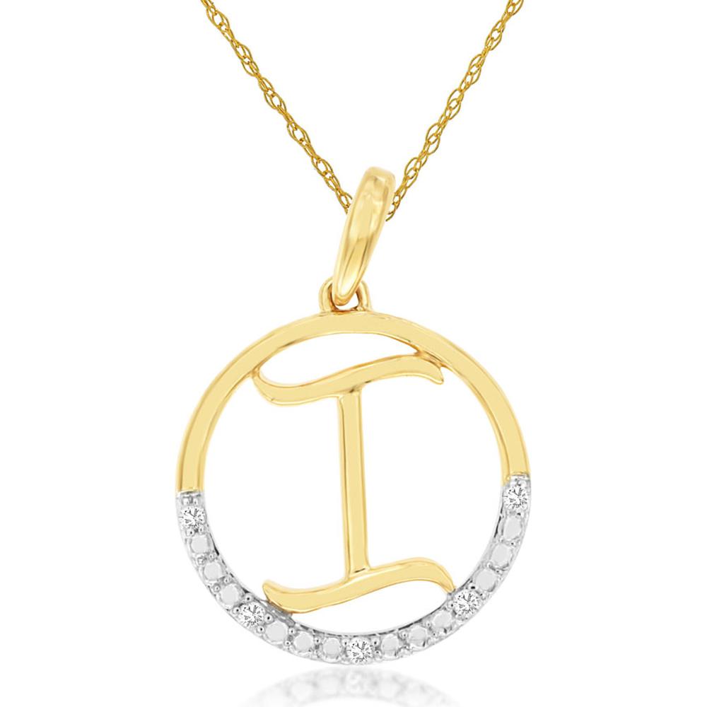 14K Yellow Gold Initial "I" Pendant Necklace with Round Cut Diamond Accent – 0.02 Carat Total Diamond Weight - Royal Jewelry