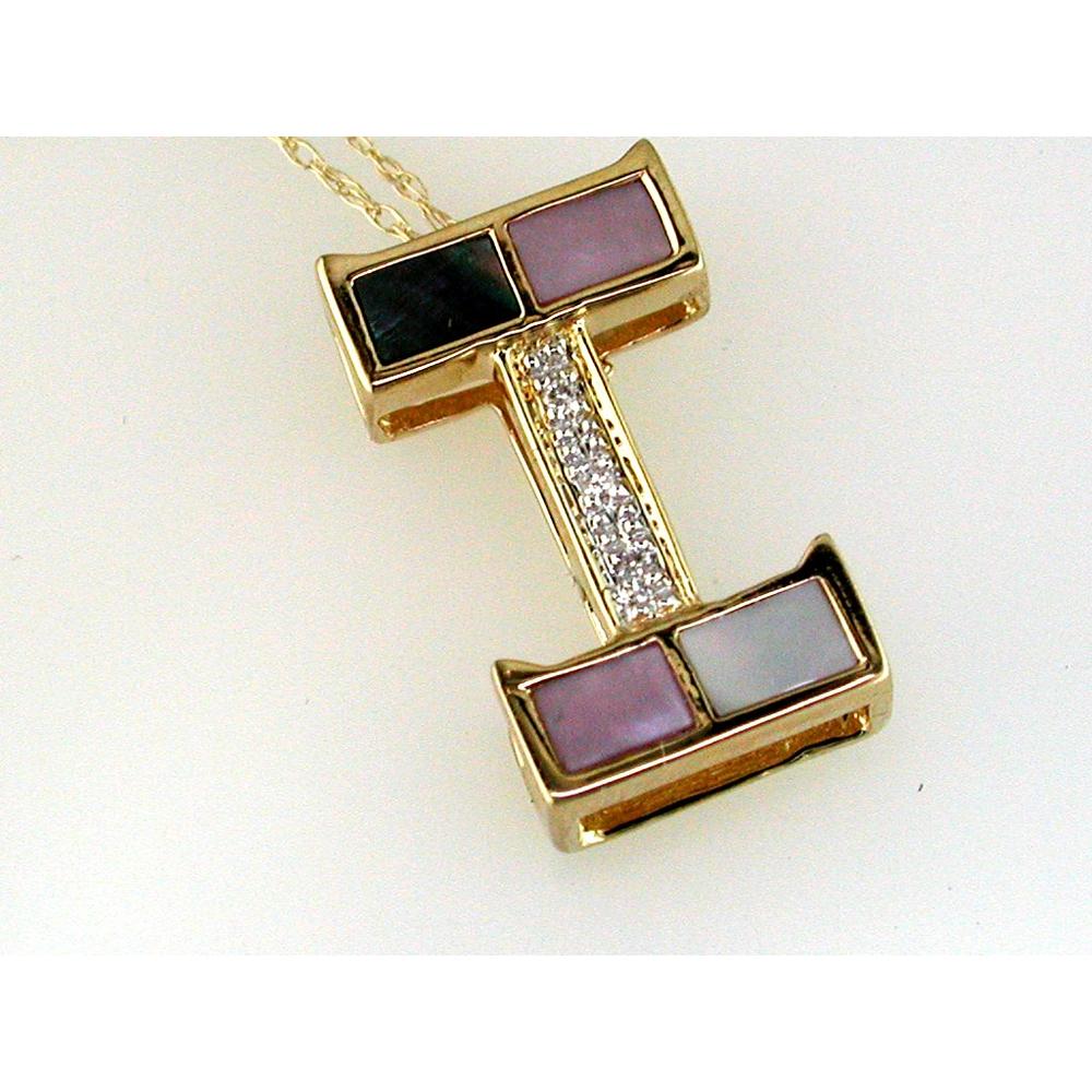 14K Yellow Gold Initial "I" Pendant with Round Diamonds and Multicolor Mother of Pearl Inlay - 0.02 Carat Total Diamond Weight - Royal Jewelry