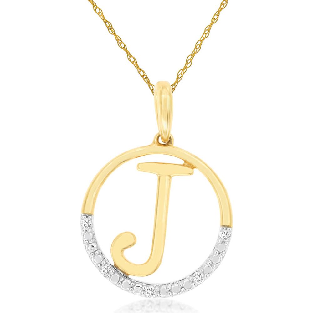 14K Yellow Gold Initial "J" Pendant Necklace with 0.02 Carat Round Diamond Arc - Royal Jewelry
