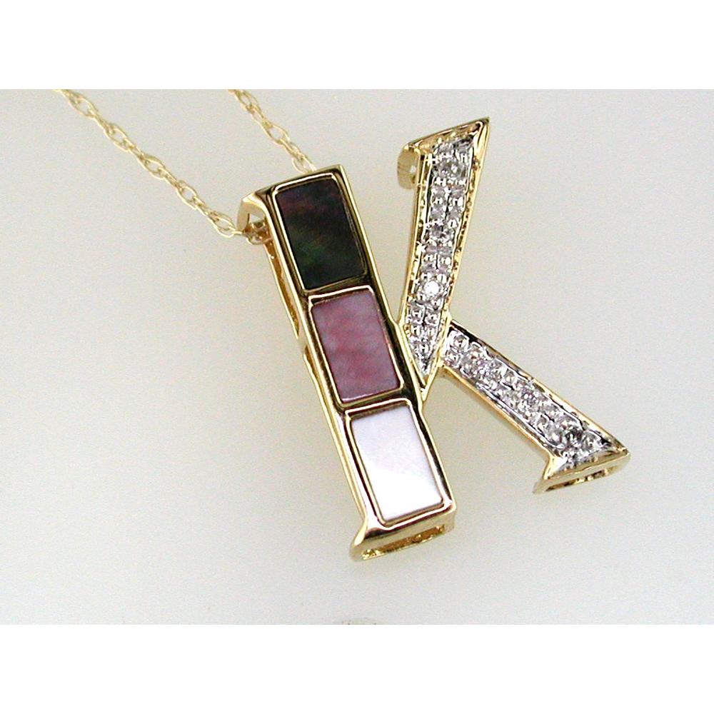 14K Yellow Gold Initial K Pendant with Mother-of-Pearl, Pink Mopal Inlays, and Round Diamonds - 0.05 Carat Total Diamond Weight - Royal Jewelry