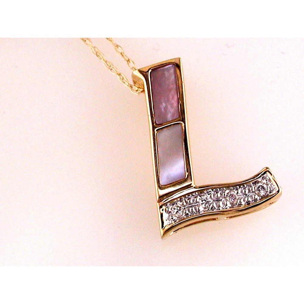 14K Yellow Gold Initial "L" Pendant Necklace with Pink Mother-of-Pearl Inlay and 0.04 Carat Round Diamond Accents - Royal Jewelry