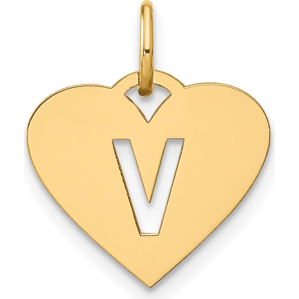 14K Yellow Gold Initial Letter V Heart Pendant Charm - Polished Finish by Oro Pregiato