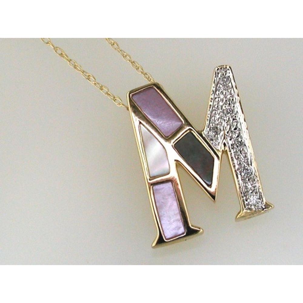 14K Yellow Gold Initial M Pendant with Mother-of-Pearl Style Inlay and Round Diamonds - 0.04 Carat Total Diamond Weight - Royal Jewelry