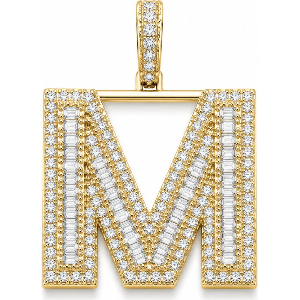 14K Yellow Gold Initial "M" Pendant with Prong Set Round and Baguette Diamonds - 2.07 Carat Total Diamond Weight by Auriventus
