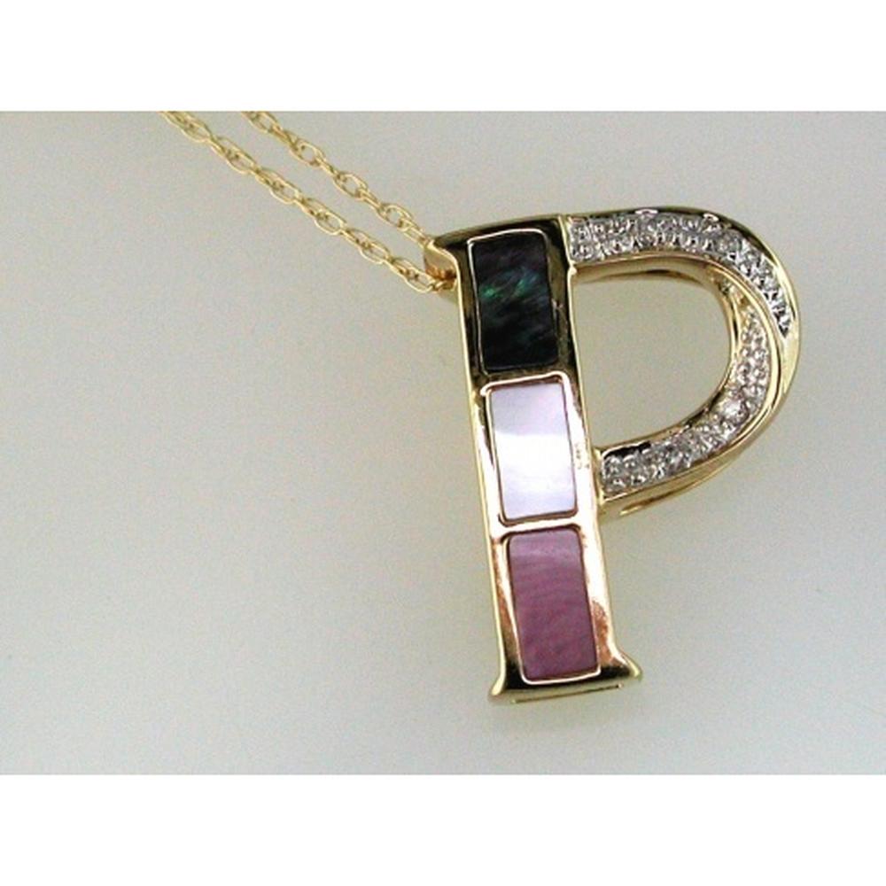 14K Yellow Gold Initial P Pendant with Multi-Colored Mother of Pearl Inlay and Round Pave Diamonds - 0.03 Carat Total Diamond Weight - Royal Jewelry
