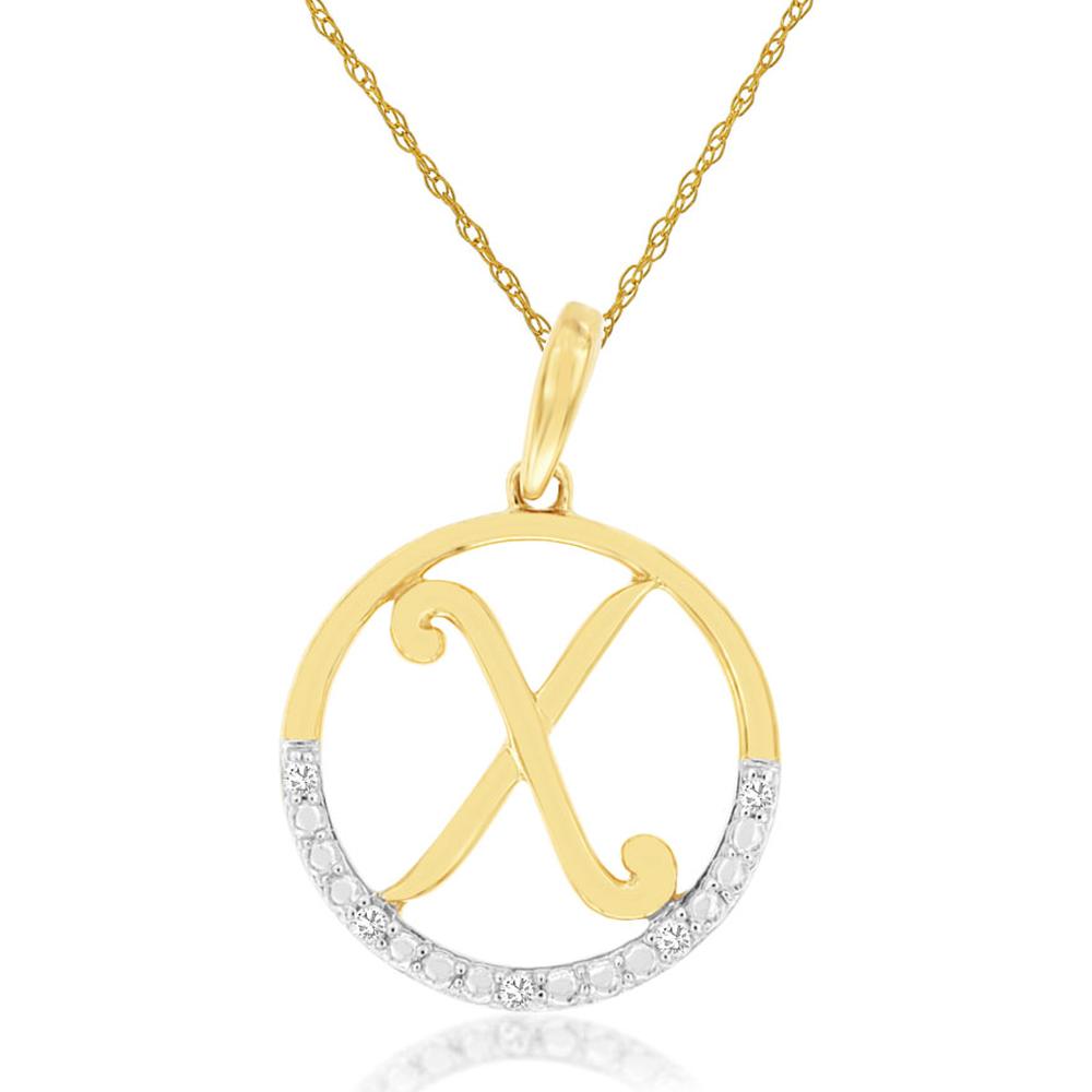 14K Yellow Gold Initial Pendant with Script Letter X and Pave-Set Round Diamonds - 0.02 Carat Total Diamond Weight - Royal Jewelry
