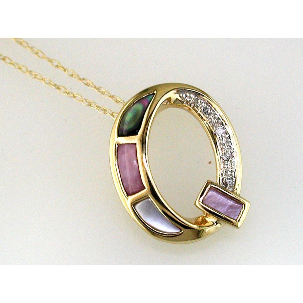 14K Yellow Gold Initial Q Pendant with Mother-of-Pearl Accents and Round Diamonds - 0.02 Carat Total Diamond Weight - Royal Jewelry