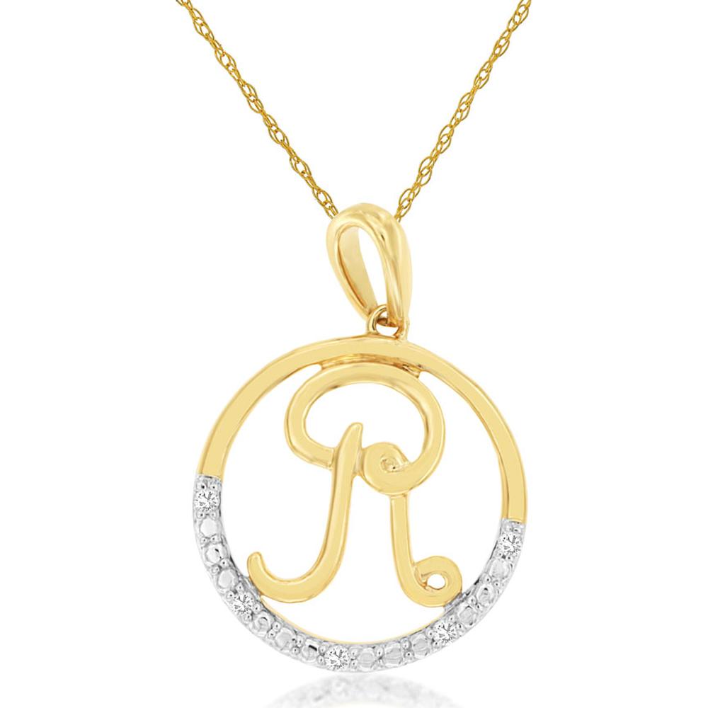 14K Yellow Gold Initial "R" Pendant Necklace with 0.02 Carat Round Cut Diamond Accent - Royal Jewelry