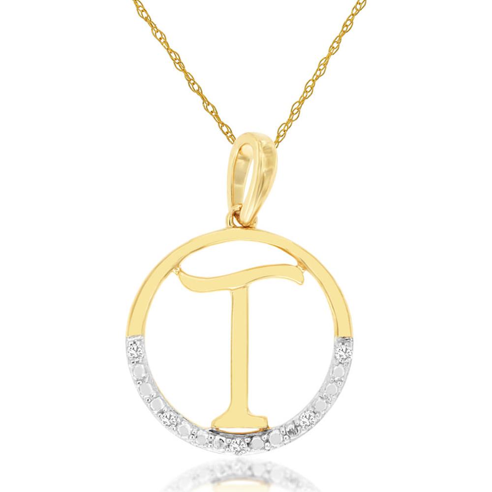 14K Yellow Gold Initial T Pendant Necklace with Round Cut Diamond Accents - 0.02 Carat Total Diamond Weight - Royal Jewelry