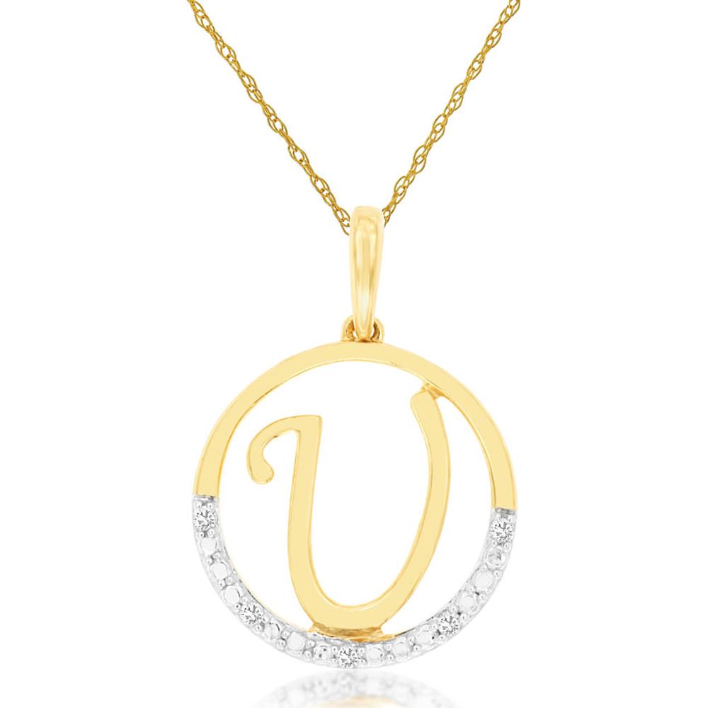 14K Yellow Gold Initial U Pendant with Round Diamond Accents on Fine Chain - 0.02 Carat Total Diamond Weight - Royal Jewelry
