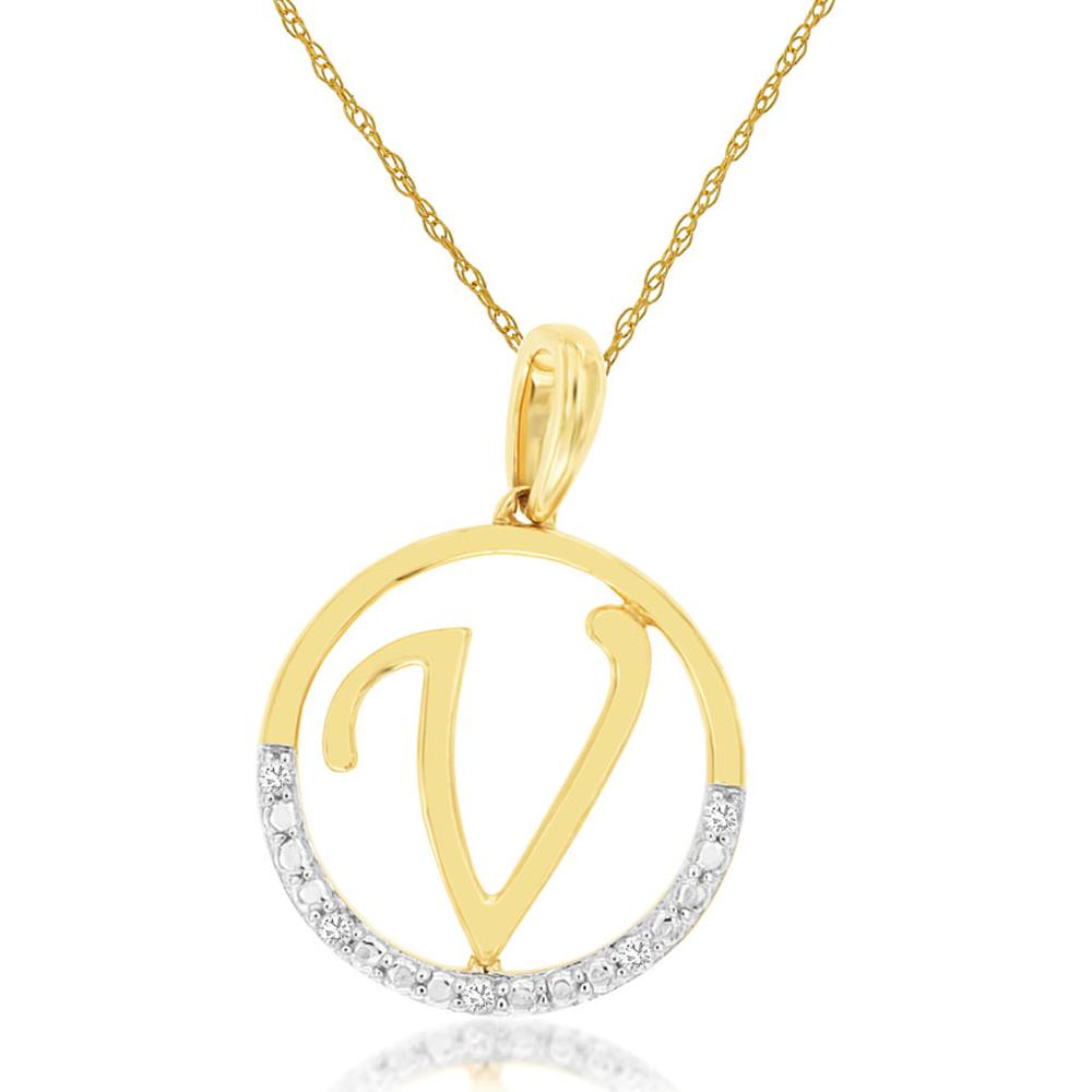 14K Yellow Gold Initial V Pendant Necklace with 0.02 Carat Diamond Accent Pave Setting - Royal Jewelry