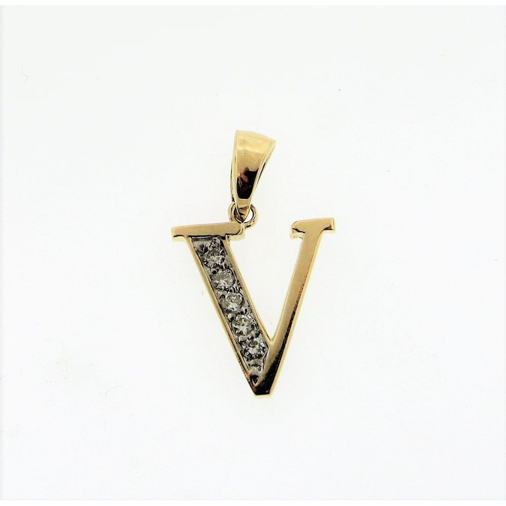 14K Yellow Gold Initial V Pendant with Channel Set Round Diamonds - 0.11 Carat Total Diamond Weight by Auriventus