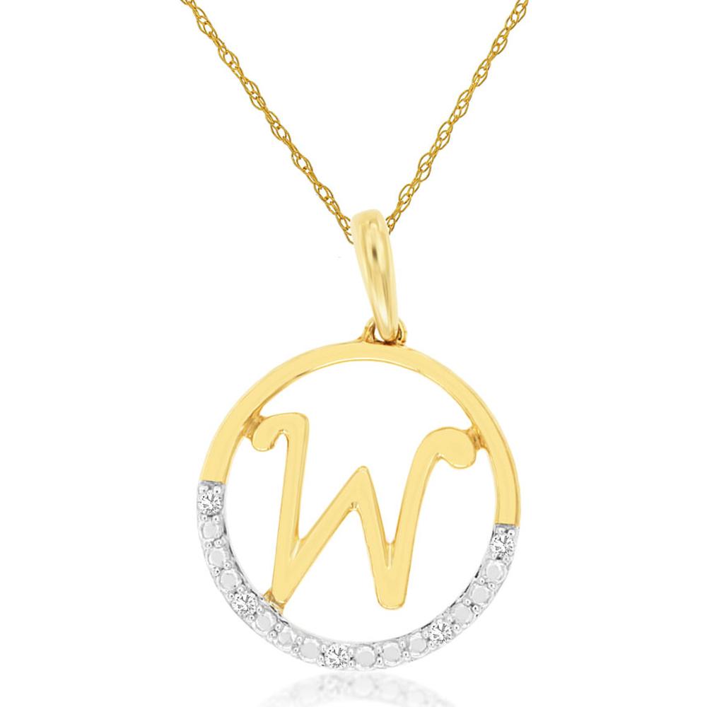 14K Yellow Gold Initial W Pendant Necklace with 0.02 Carat Pavé Set Round Diamonds - Royal Jewelry