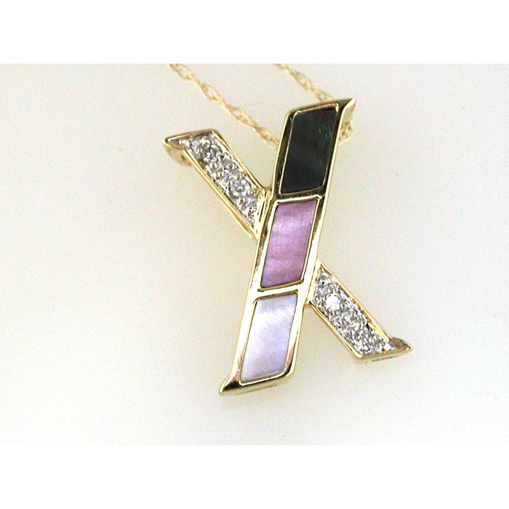 14K Yellow Gold Initial X Mopal Pendant with Round Diamond Accents - 0.03 Carat Total Diamond Weight - Royal Jewelry