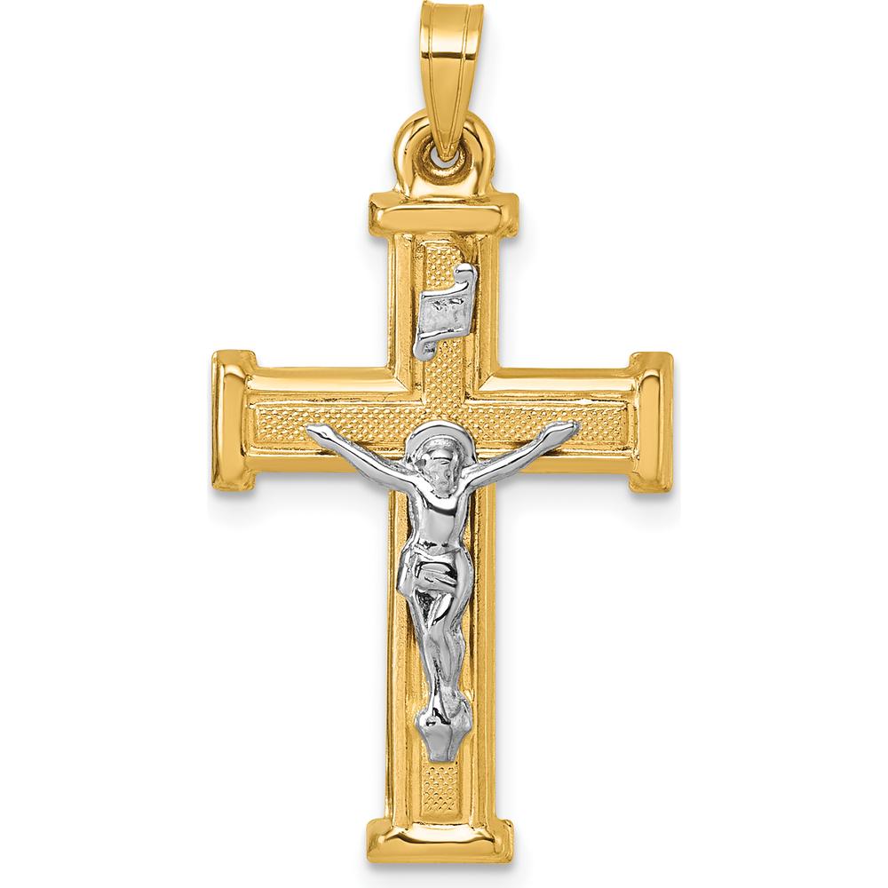 14K Yellow Gold INRI Crucifix Cross Pendant with Polished and Textured Finish by Oro Pregiato