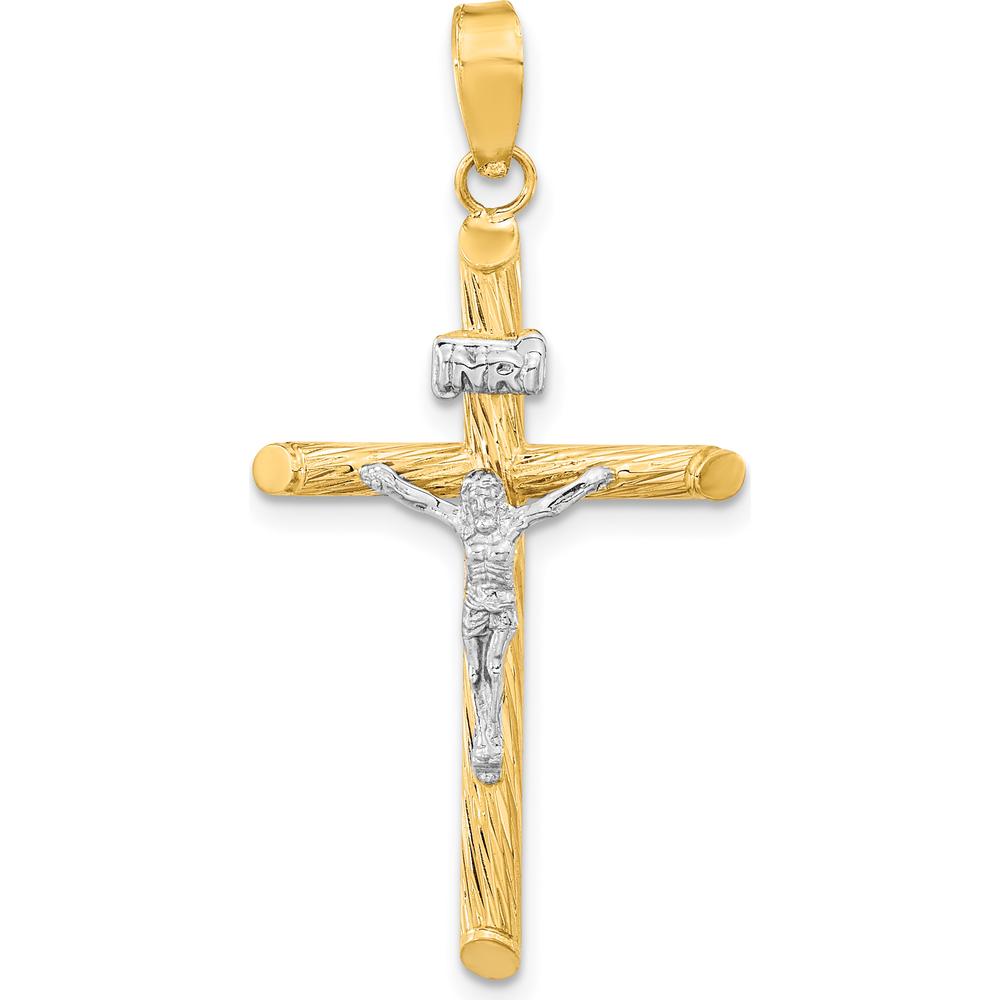 14K Yellow Gold INRI Crucifix Pendant with Polished and Textured Rhodium Accents - 37.6mm Length by Oro Pregiato