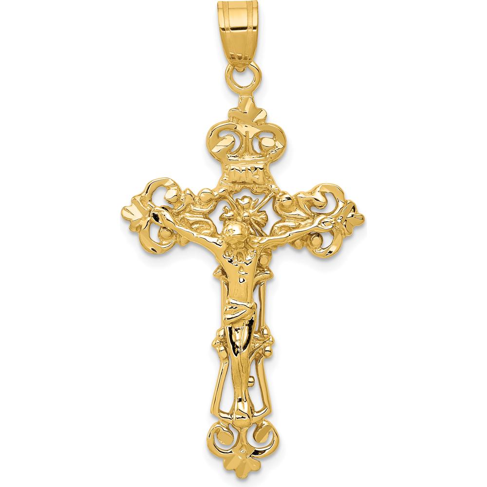 14K Yellow Gold INRI Fleur De Lis Crucifix Pendant - 46mm Length by Oro Pregiato