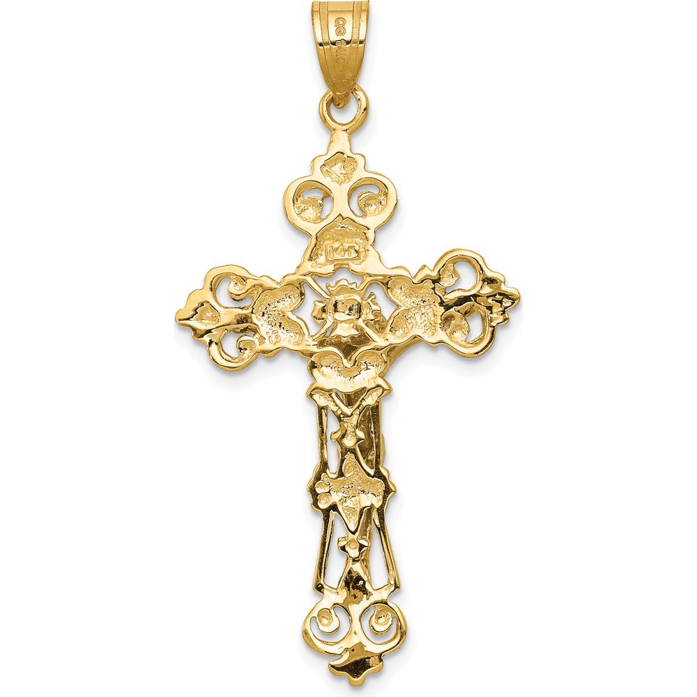 14K Yellow Gold INRI Fleur De Lis Crucifix Pendant - 46mm Length by Oro Pregiato