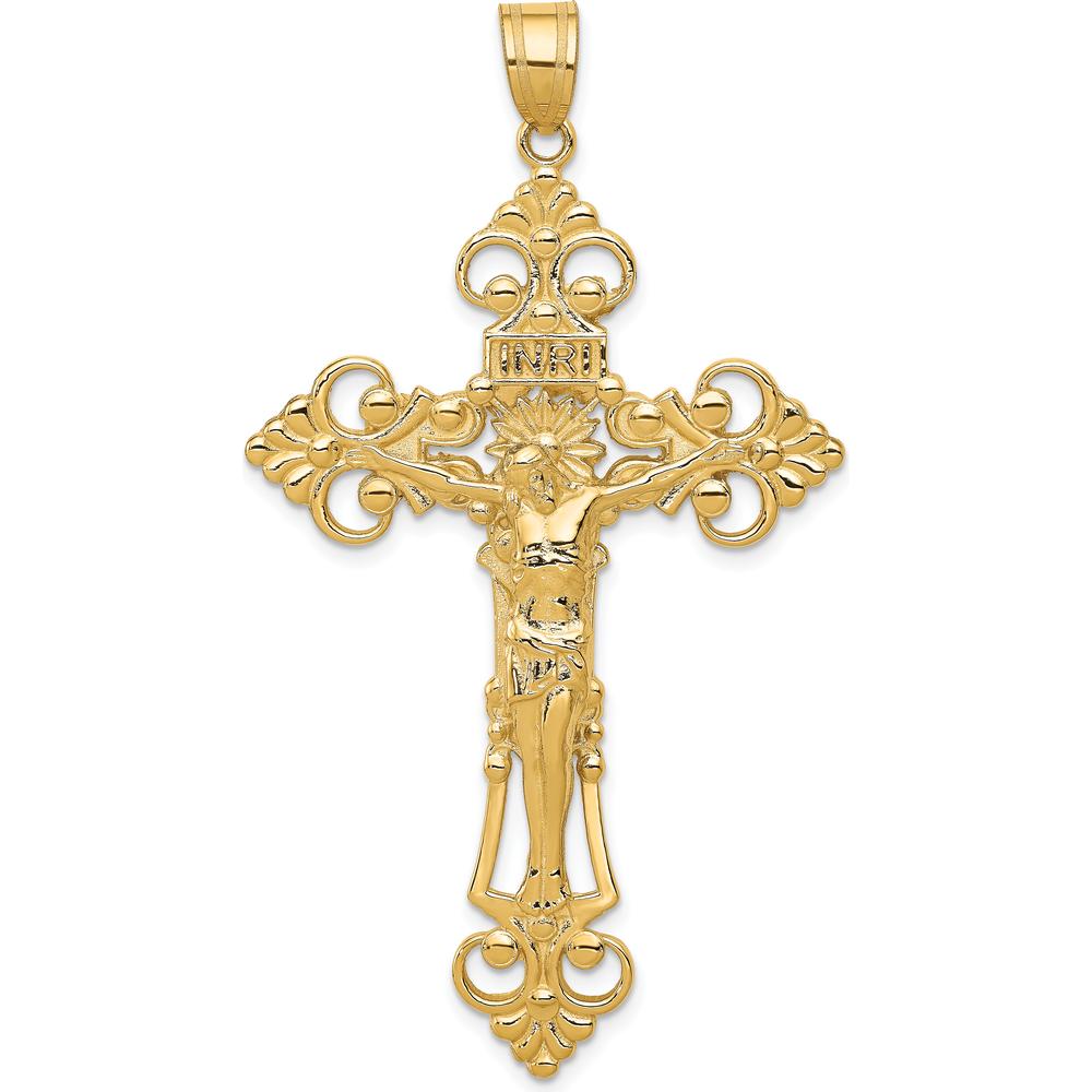 14K Yellow Gold INRI Fleur De Lis Crucifix Pendant - 66mm Length, 36mm Width by Oro Pregiato