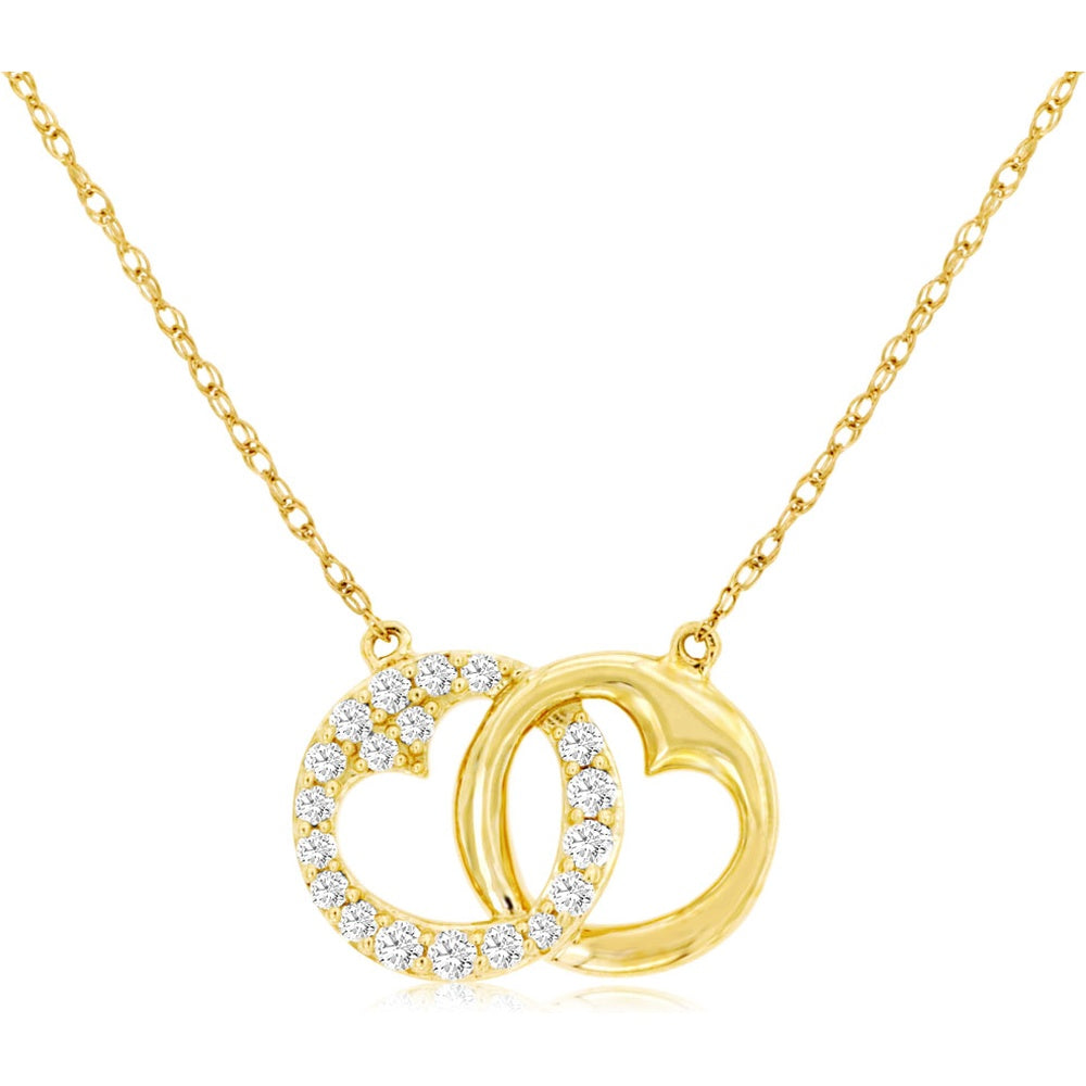 14K Yellow Gold Interlocking Circle Pendant Necklace with Prong-Set Round Diamonds - 0.16 Carat Total Diamond Weight - Royal Jewelry