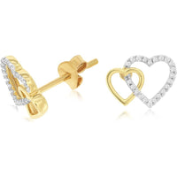 14K Yellow Gold Interlocking Double-Heart Stud Earrings with Prong-Set Round Diamonds - 0.08 Carat Total Diamond Weight - Royal Jewelry