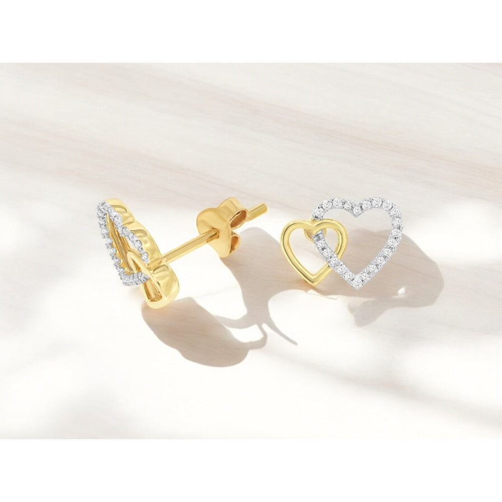 14K Yellow Gold Interlocking Double-Heart Stud Earrings with Prong-Set Round Diamonds - 0.08 Carat Total Diamond Weight - Royal Jewelry
