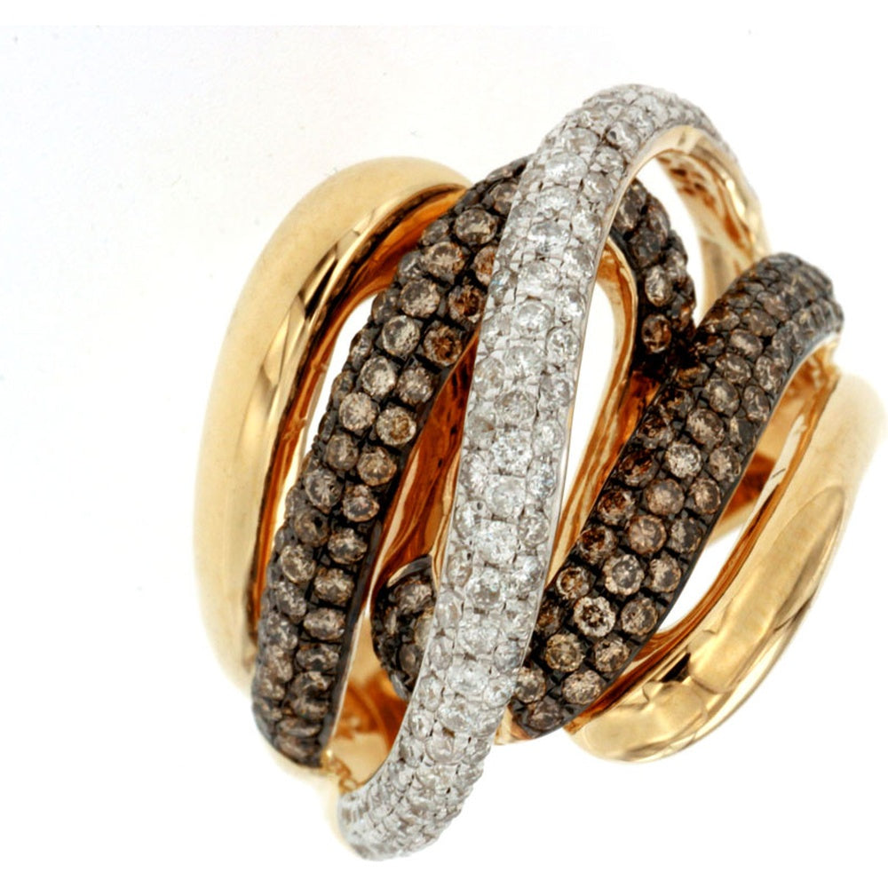 14K Yellow Gold Interlocking Four-Band Ring with Pavé-Set Round White Diamonds and Mocha Diamonds - 1.60 Carat Total Diamond Weight - Royal Jewelry