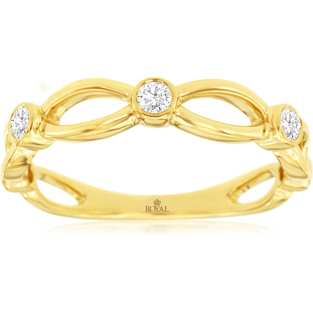 14K Yellow Gold Interlocking Openwork Band with Bezel Set Round Diamonds - 0.12 Carat Total Diamond Weight - Royal Jewelry
