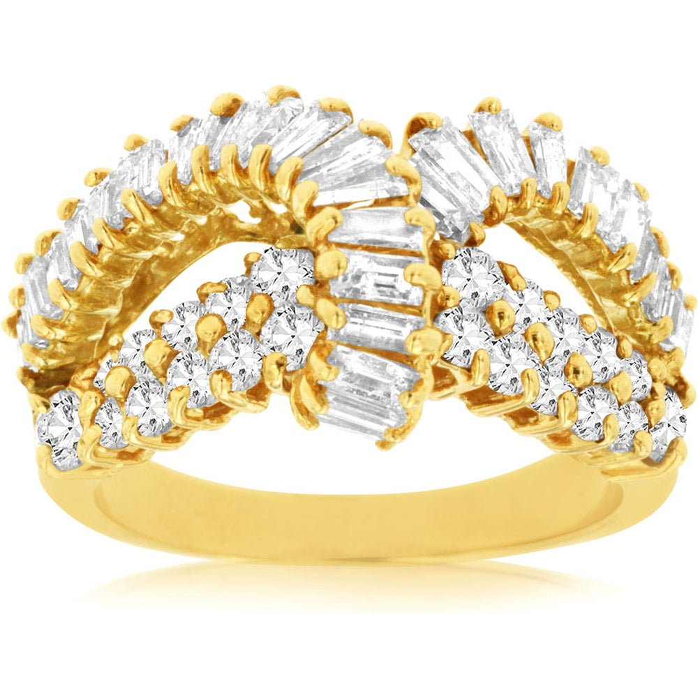 14K Yellow Gold Intertwined Free-Form Ring with Baguette and Round Diamonds - 2.82 Carat Total Diamond Weight - Royal Jewelry