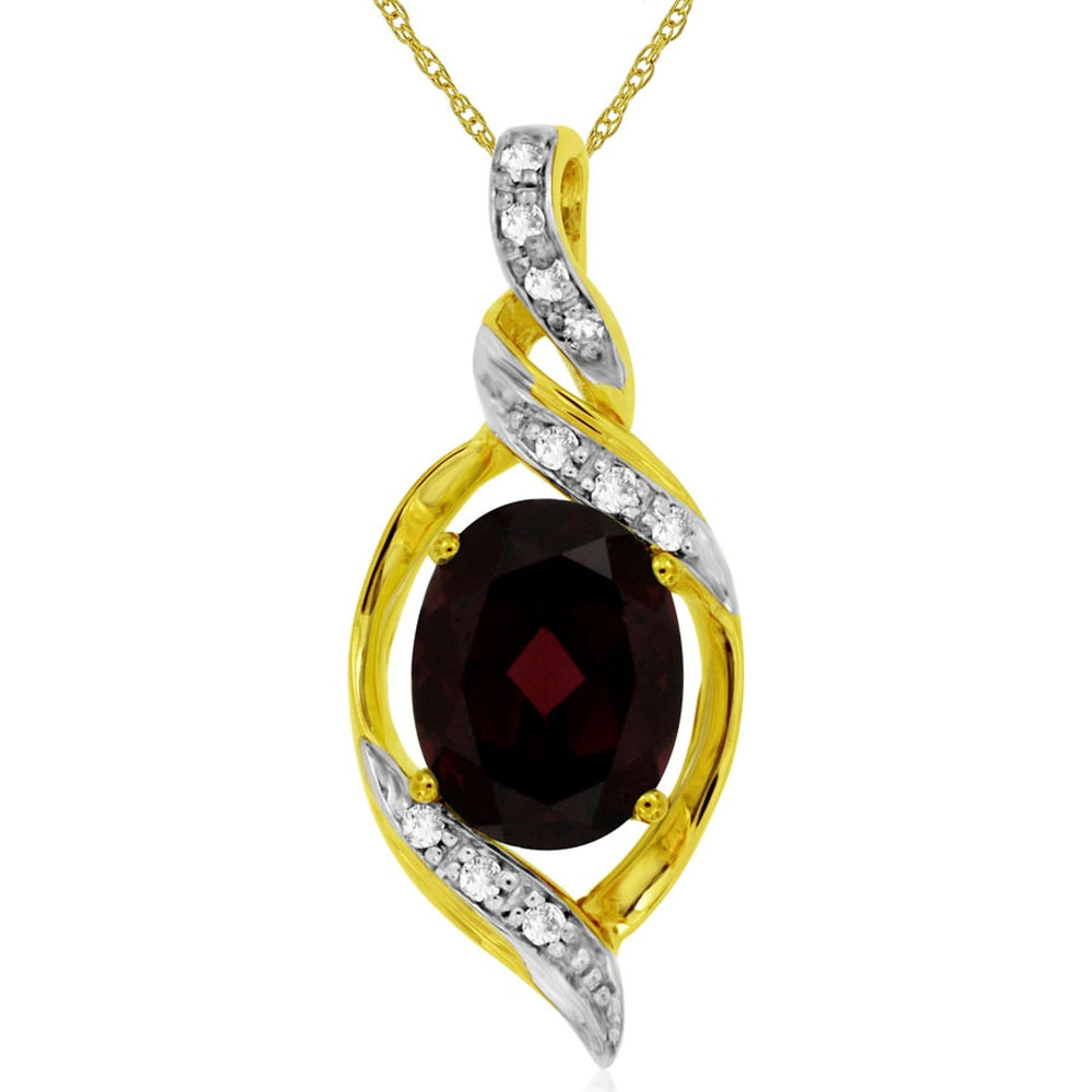 14K Yellow Gold Intertwined Ribbon Pendant Necklace with Oval Cut Garnet and Pave Set Diamonds - 2.20 Carat Garnet and 0.08 Carat Total Diamond Weight - Royal Jewelry