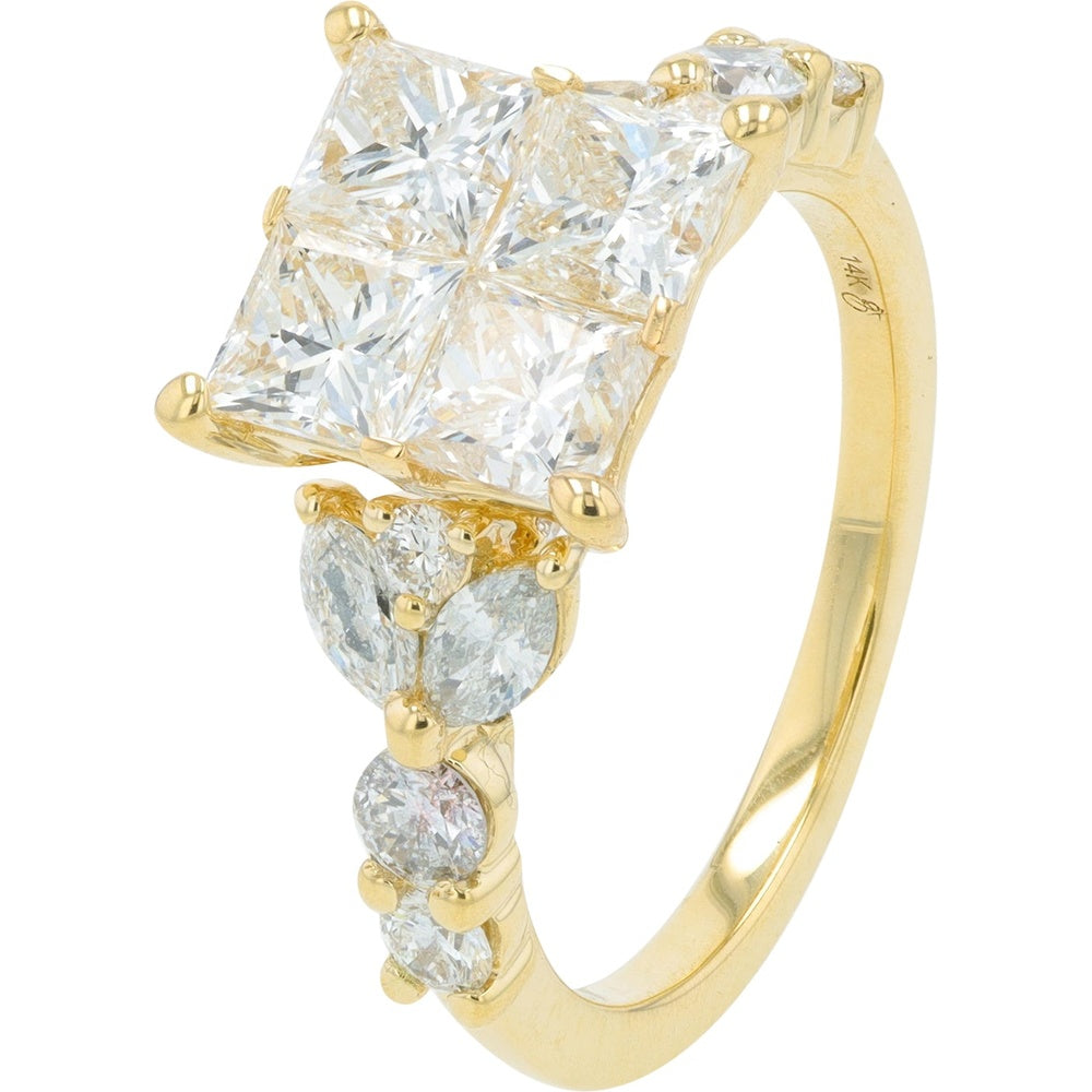 14K Yellow Gold Invisible-Set Princess Cut Diamond Engagement Ring with Accent Stones - 3.00 Carat Total Diamond Weight